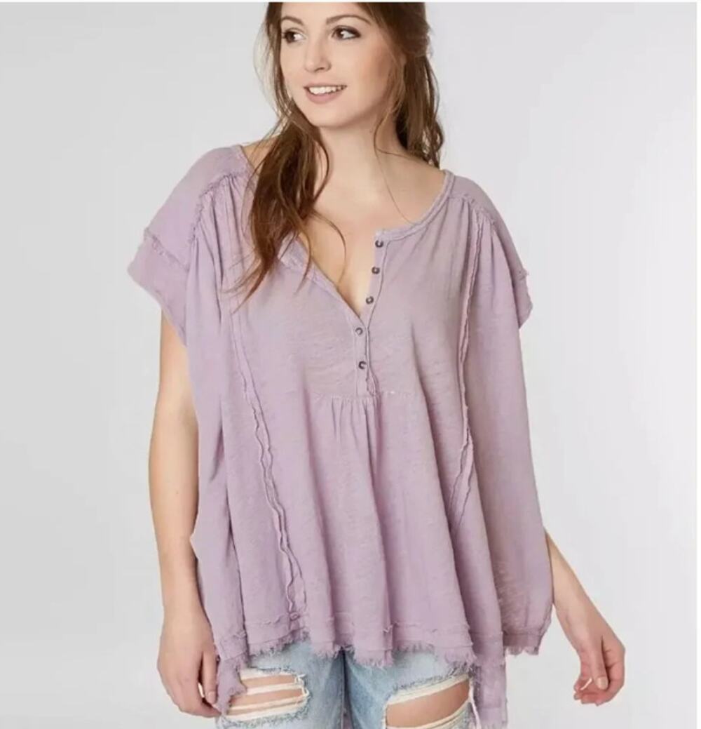 Free People Aster High Low Henley Top Linen Blend Womens Small Lilac Oversized